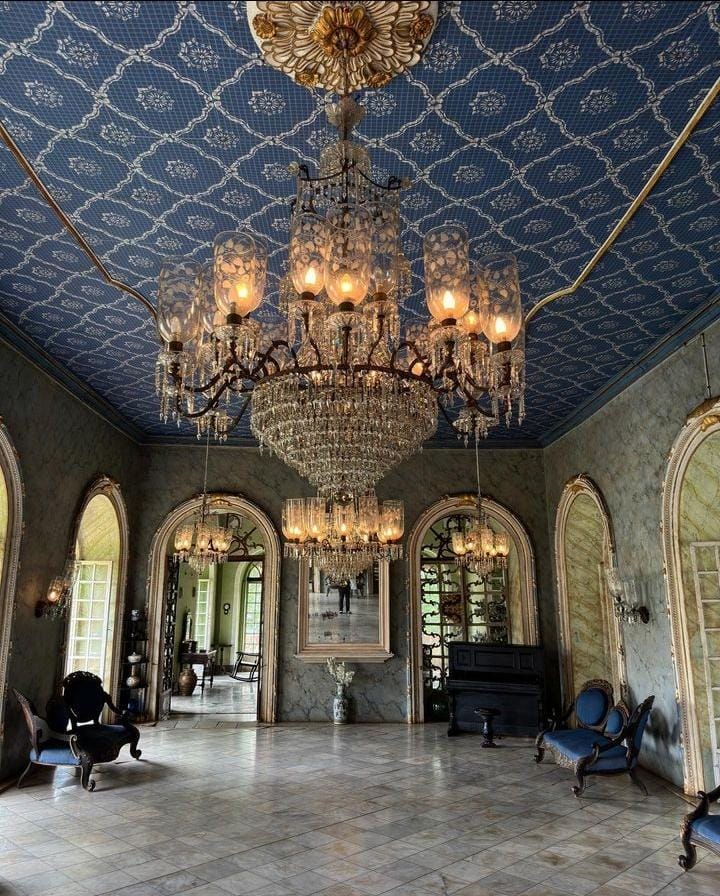 Exquisite ceiling of the ballroom at Braganza House, featuring intricate details and elegant designs that add to the overall grandeur.